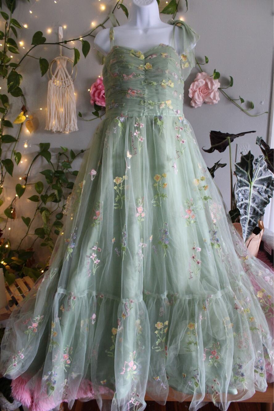 Sage Green Floral Embroidered Tulle Corset Maxi Dress S/M Cottagecore